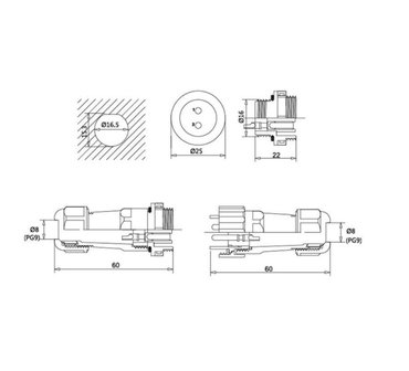 Male + Female - waterdichte kabelverbinder - 6 aderig - IP68