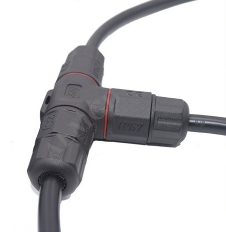 Waterdichte kabelverbinder 3-aderig - T splitter - schroefdraad bevestiging - IP67 connector